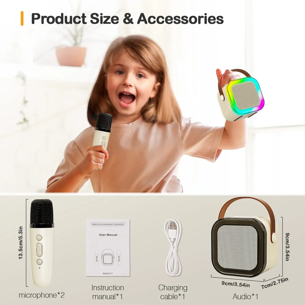 Child holding a microphone and colorful speaker with product dimensions and accessories displayed below.