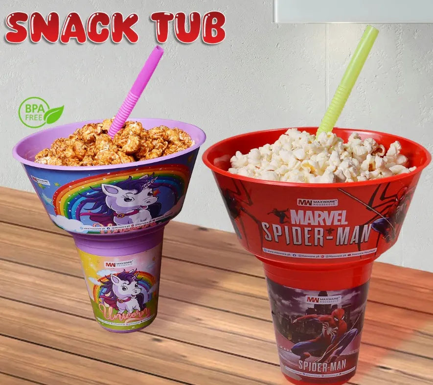 Kids' character snack cup with a separate snack compartment and reusable straw.