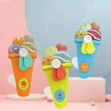 Colorful ice cream cone-shaped objects with various toppings on a pastel background