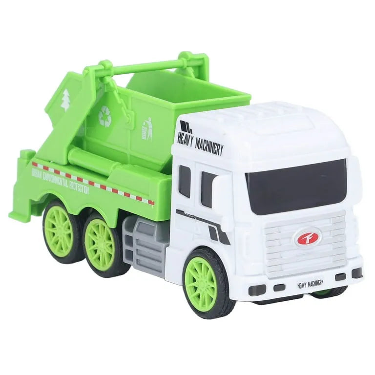 Toy garbage truck with green body and white cabin on a white background