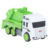 Toy garbage truck with green body and white cabin on a white background