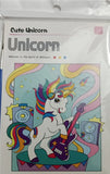A packaged art print or card featuring a colorful cartoon unicorn playing an electric guitar on a stage. The top of the package reads 'Cute Unicorn' and 'Unicorn' in large text, with a white background and plastic wrap visible.