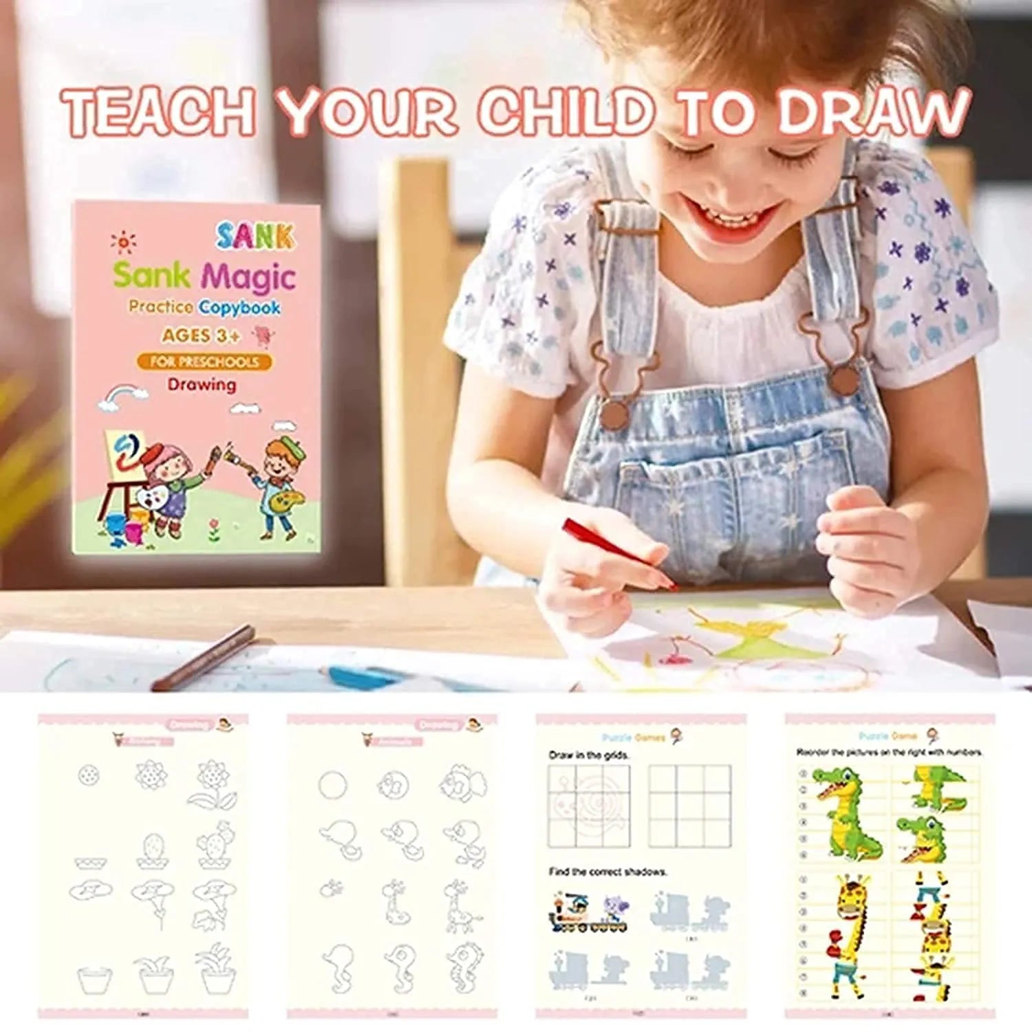 Child drawing with a coloring book titled 'Sank Magic Practice Copybook' on a table.