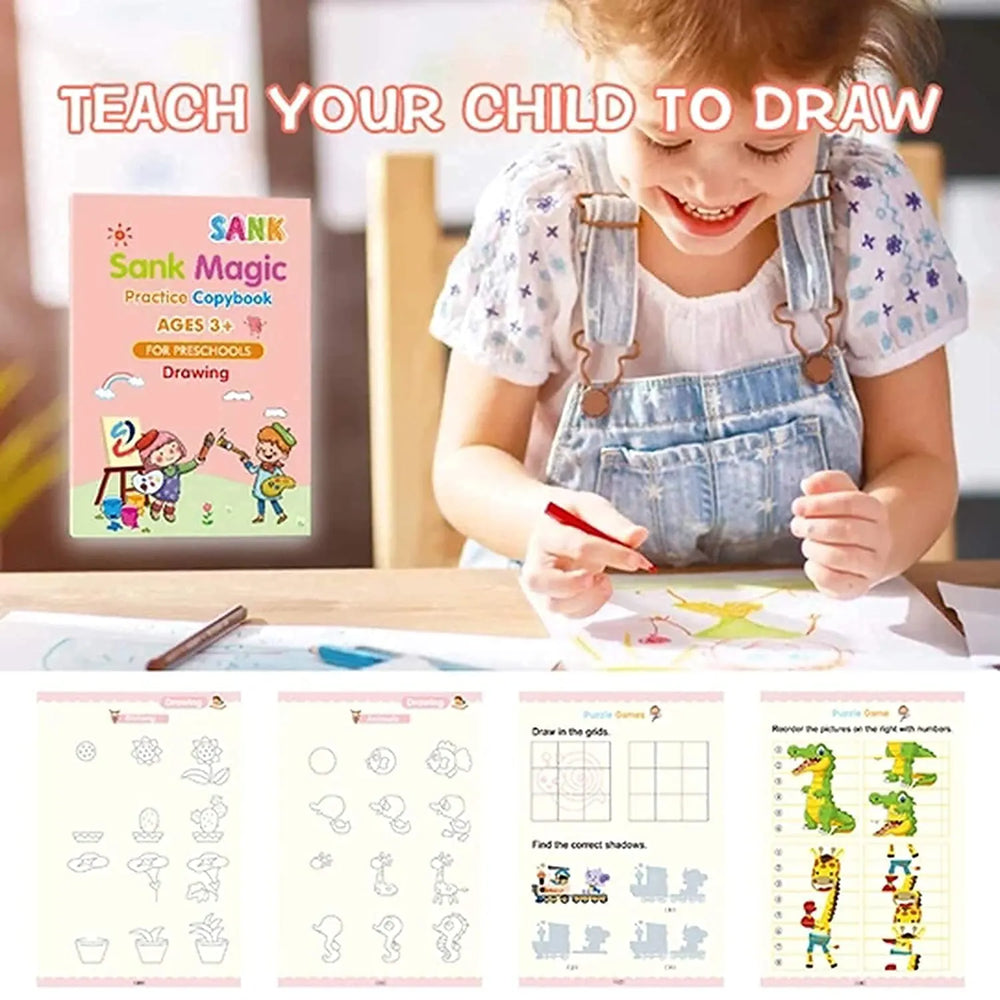 Child drawing with a coloring book titled 'Sank Magic Practice Copybook' on a table.