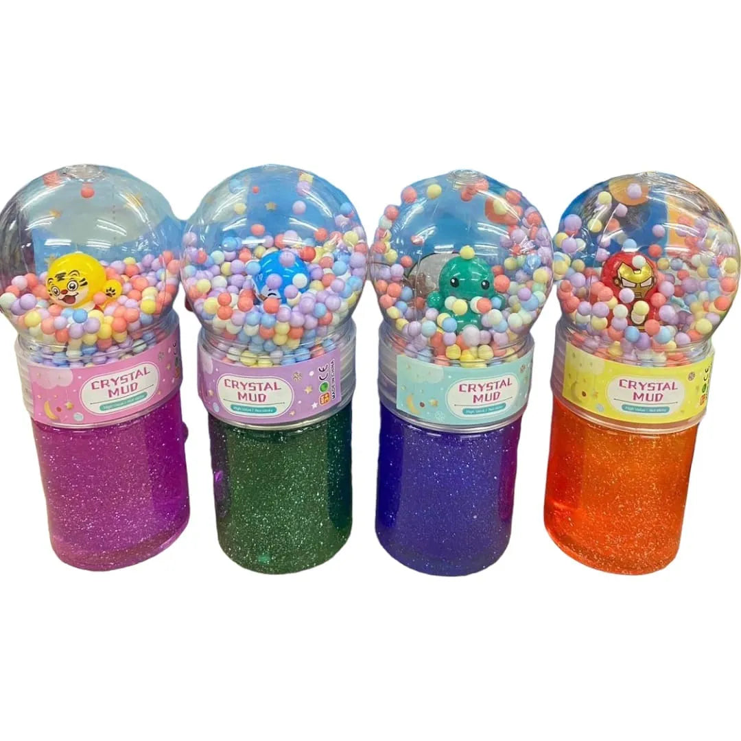 Four colorful containers of Crystal Mud with different colored bases on a white background.