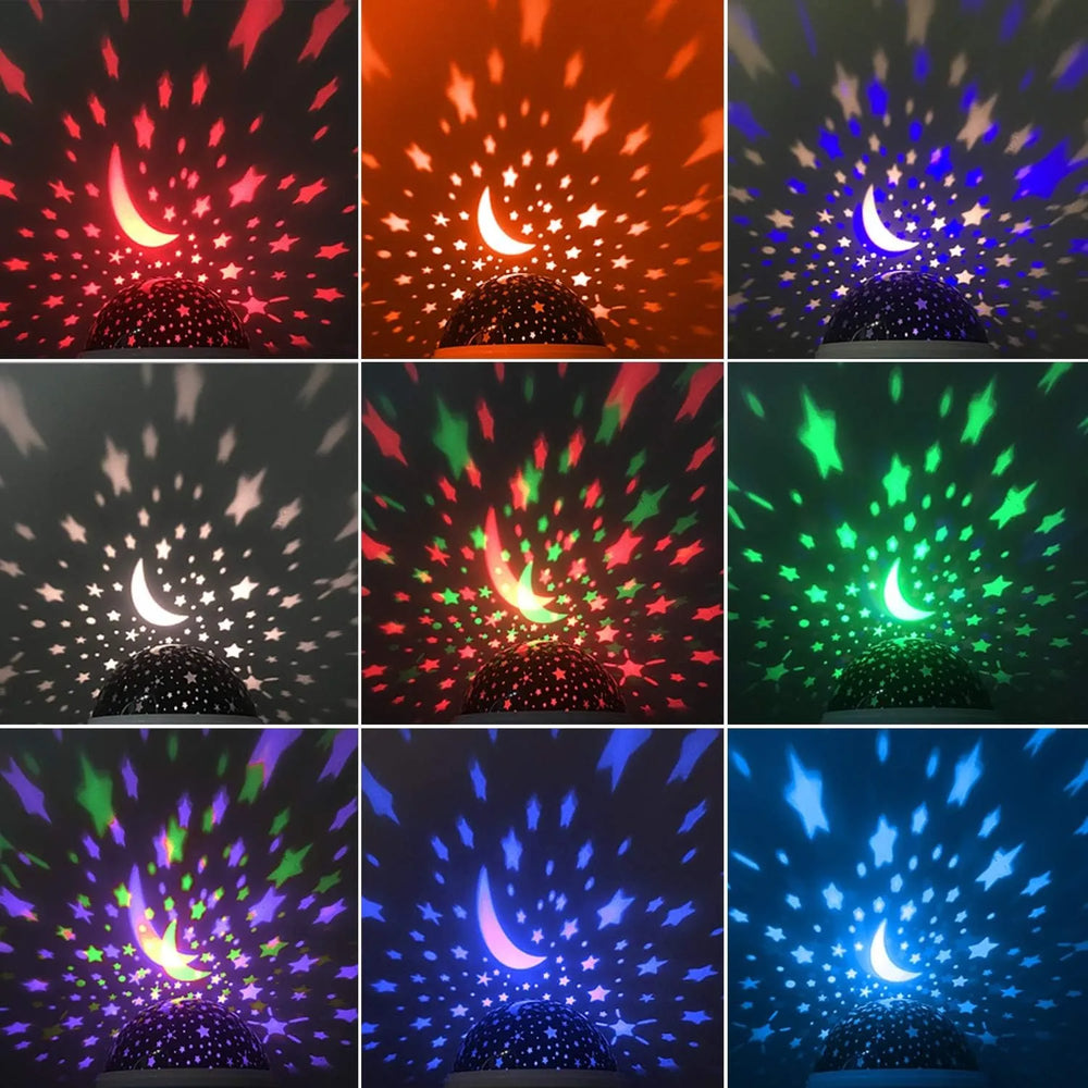 Kids LED star projector lamp with rotating celestial patterns for bedtime and room decoration.