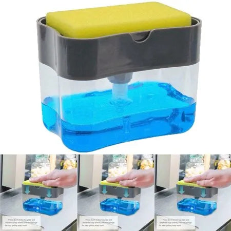 Cleaning station with sponge holder and blue cleaning solution, used for cleaning windows.