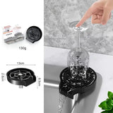 Black wine glass holder with measurements and a hand placing a glass on it.