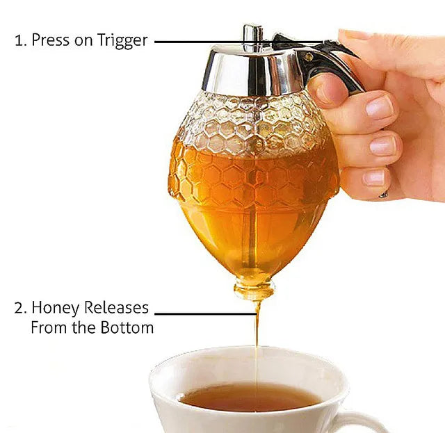 Honey dispenser being used to pour honey into a cup with labeled instructions on how to use it.