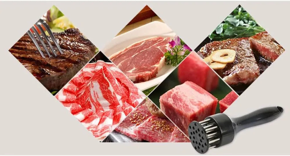Collage of various meats including steaks, raw meat slices, and a meat tenderizer on a light background.