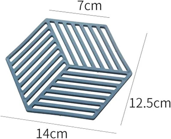 Hexagonal silicone mat with dimensions on a white background