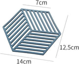 Hexagonal silicone mat with dimensions on a white background
