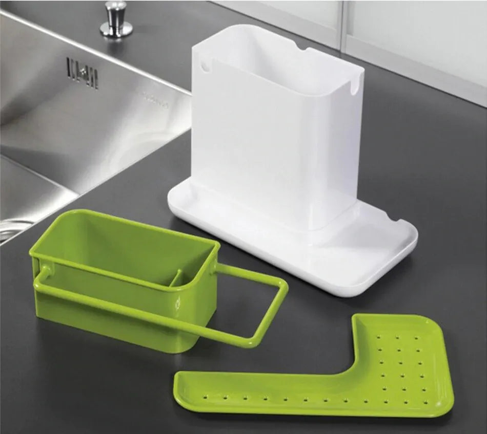 3-in-1 dish soap dispenser with built-in sponge holder for efficient kitchen organization.