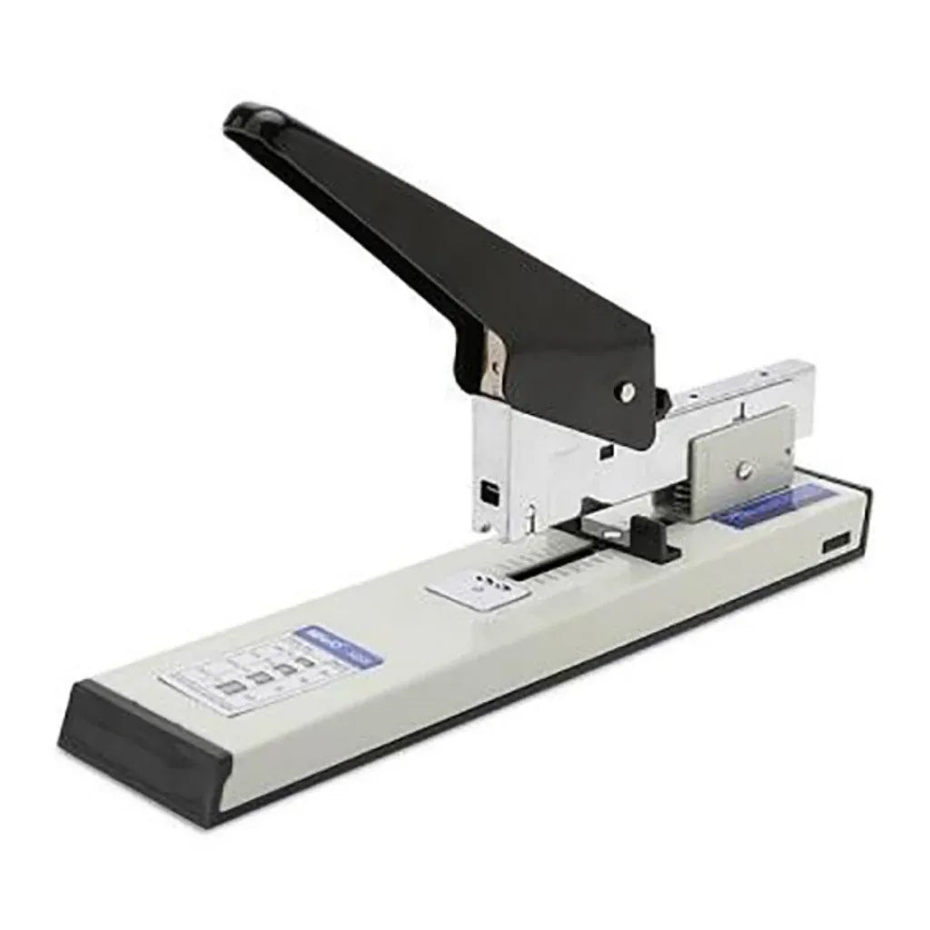 A manual paper stapler with a black lever handle, silver metal body, and a light gray base, shown on a plain white background.