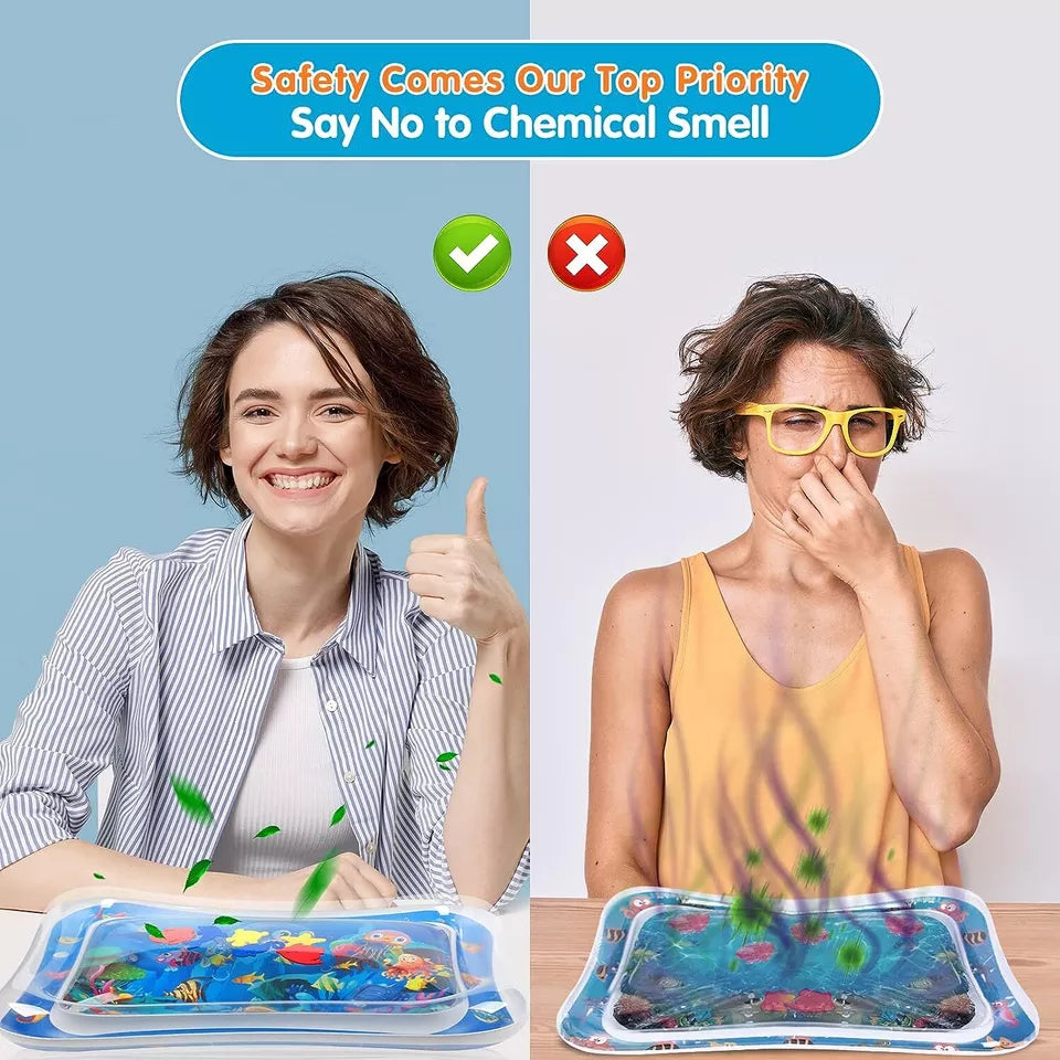 Two women with different reactions to a product, one happy and the other distressed, with text about safety and chemical smell.