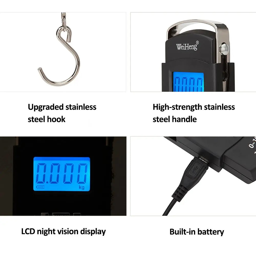 Digital fishing scale with features highlighted on a white background