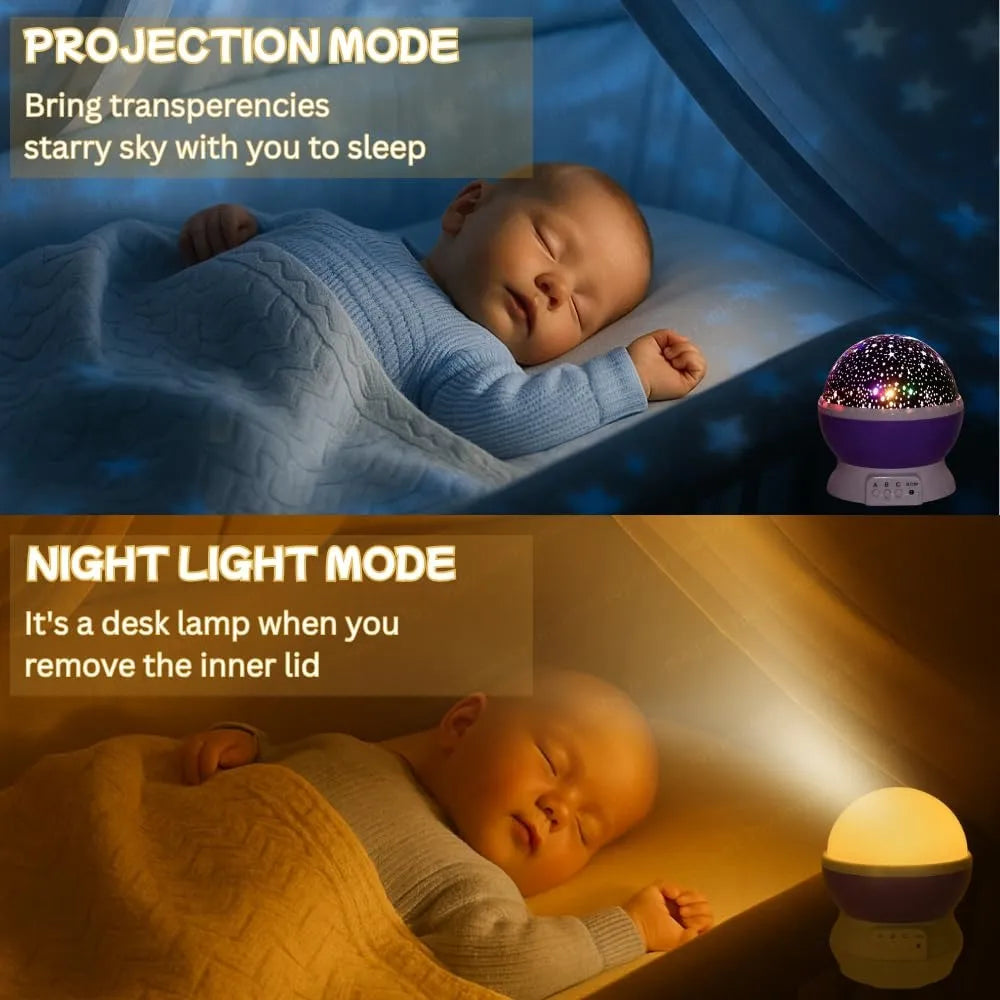 Rotating LED night light projector designed to display stars and colorful patterns on walls and ceilings.