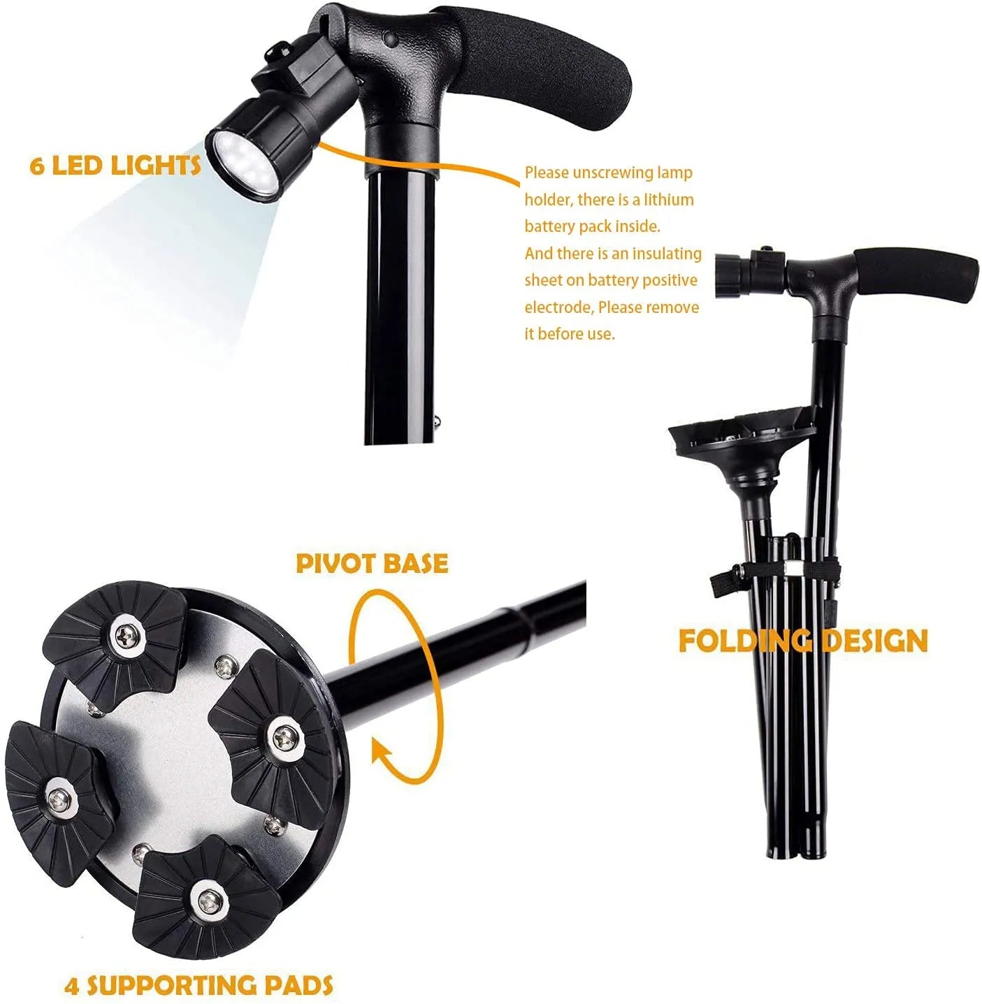 Folding walking stick with a built-in LED light for safe walking in low-light conditions.