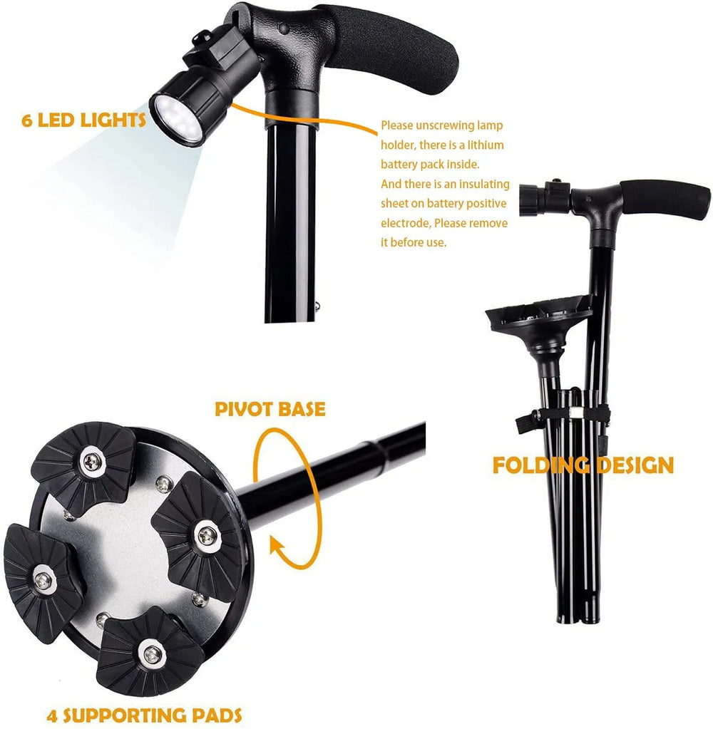 Folding walking stick with a built-in LED light for safe walking in low-light conditions.