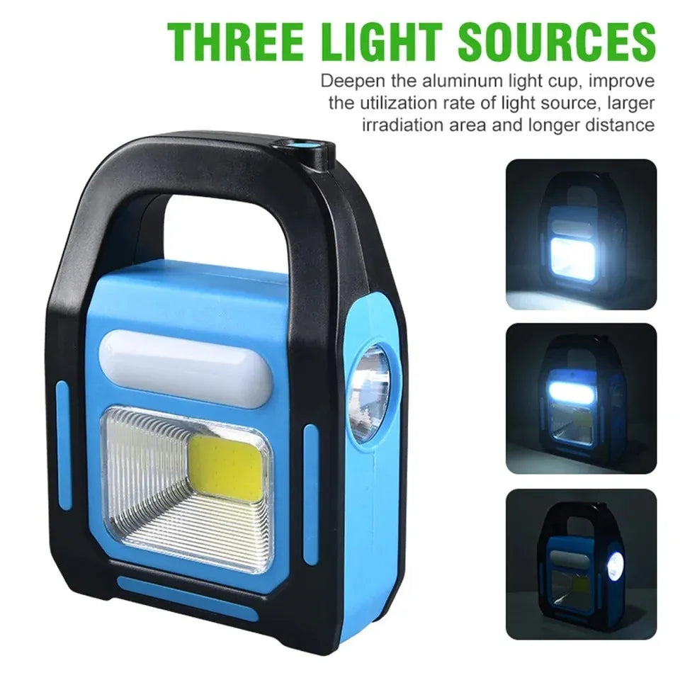 Rechargeable LED work lamp suitable for camping, repairs, power outages, and outdoor activities.