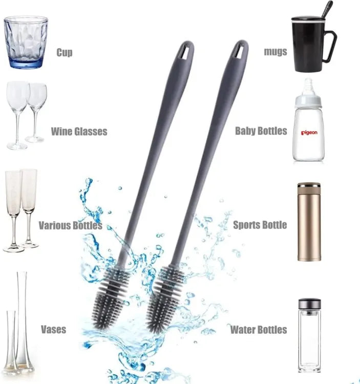 Long-handle bottle cleaning brush with soft silicone bristles for scratch-free cleaning.