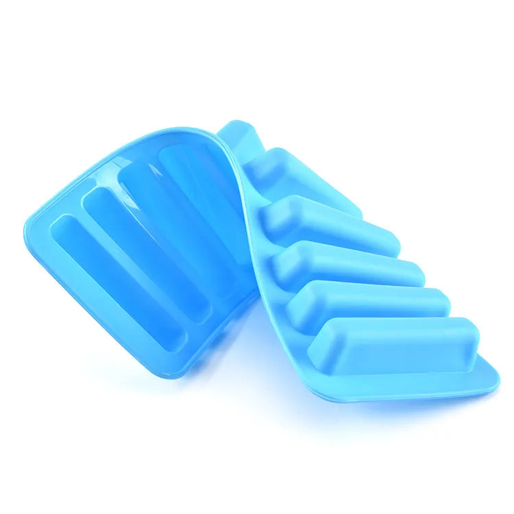 Two light blue silicone molds, one with vertical channels and the other with angled slots, shown on a white background.