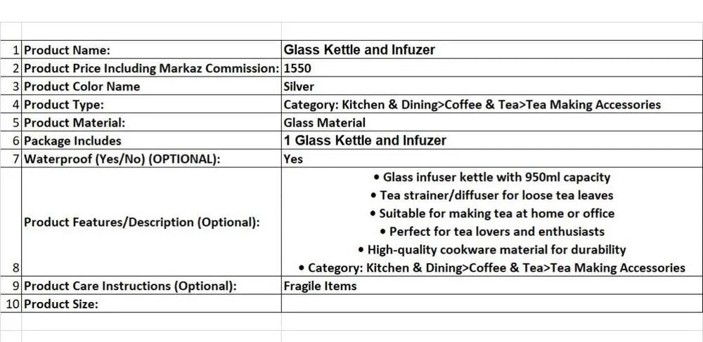 Product information sheet for a glass kettle and infuser with Markaz Commission details.