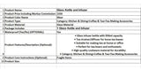 Product information sheet for a glass kettle and infuser with Markaz Commission details.