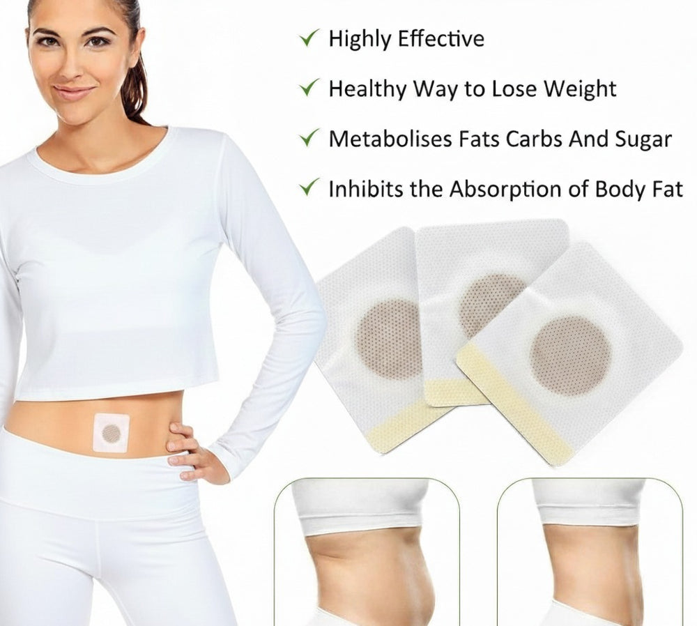 Woman wearing a white shirt with belly buttons and patches, text about weight loss benefits.