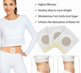 Woman wearing a white shirt with belly buttons and patches, text about weight loss benefits.