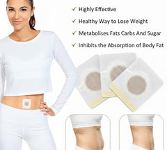 Woman wearing a white shirt with belly buttons and patches, text about weight loss benefits.