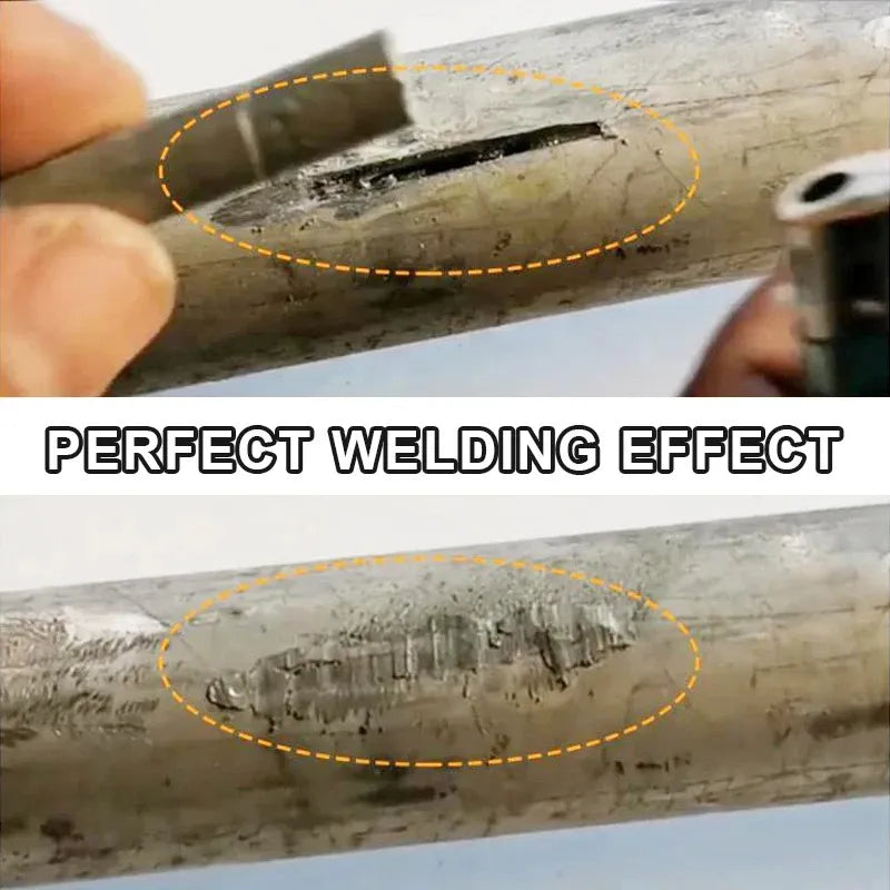 Close-up of a welded metal rod with 'Perfect Welding Effect' text overlay.
