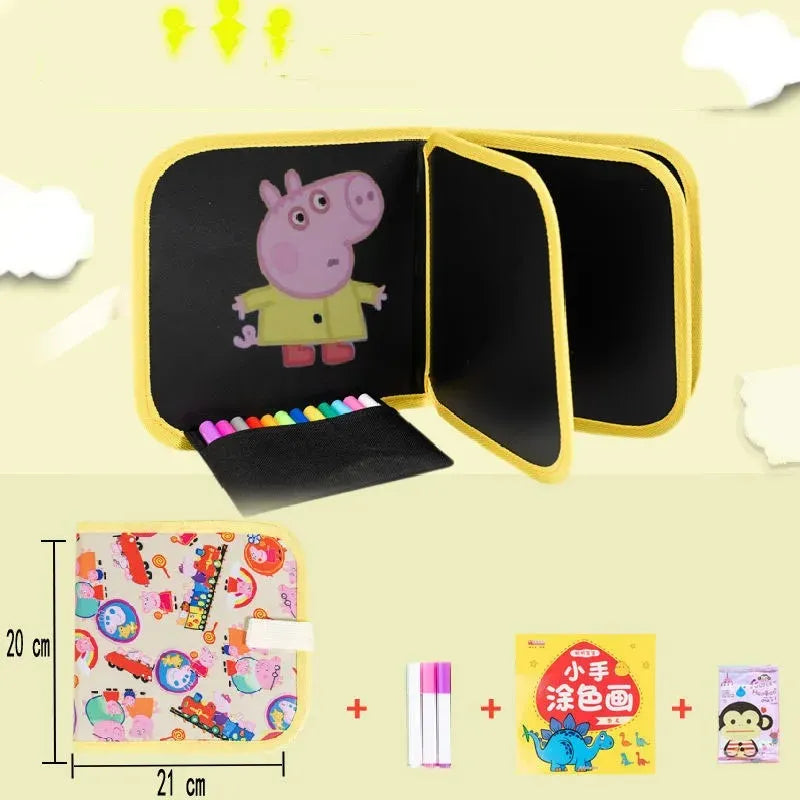 Children's art kit with Peppa Pig character on a blackboard, markers, and coloring books on a yellow background.