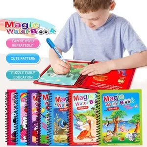 Child playing with a Magic Water Book set, showing the cover and pages.