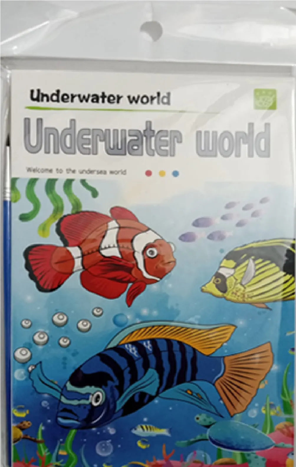 An 'Underwater world' educational hanging chart or poster in a clear plastic protective sleeve, featuring colorful cartoon illustrations of tropical fish on a blue ocean background.