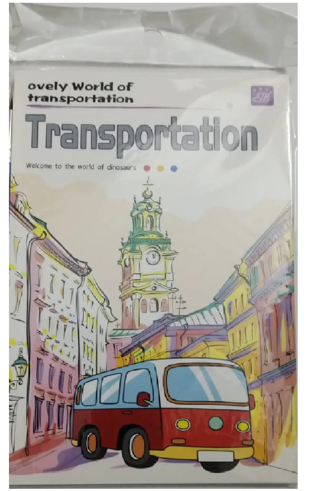 A children's book or booklet titled 'Transportation' from the 'Ovely World of transportation' series, featuring a colorful watercolor-style illustration of a vintage red and yellow bus in a European street with a clock tower.