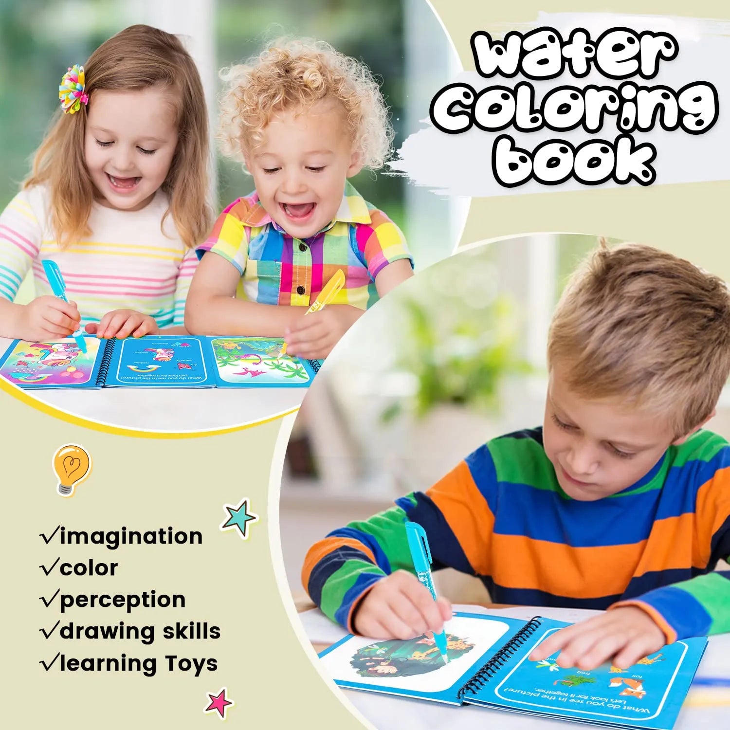 Children engaged in water coloring with books, highlighting the educational benefits.
