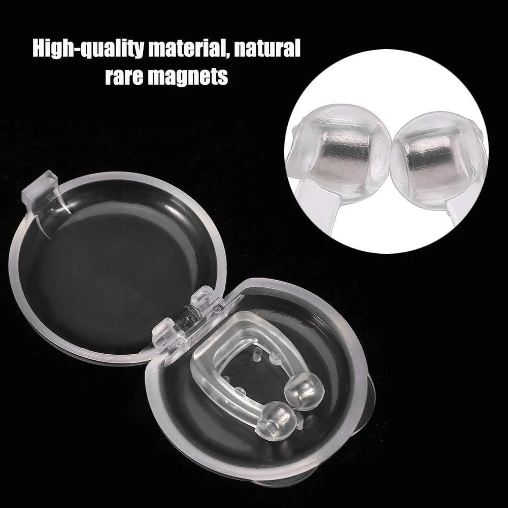 A clear plastic magnetic storage case shown open on a black background, with a circular inset showing two small clear magnetic pieces and text reading 'High-quality material, natural rare magnets.'.