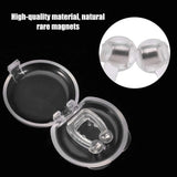 A clear plastic magnetic storage case shown open on a black background, with a circular inset showing two small clear magnetic pieces and text reading 'High-quality material, natural rare magnets.'.