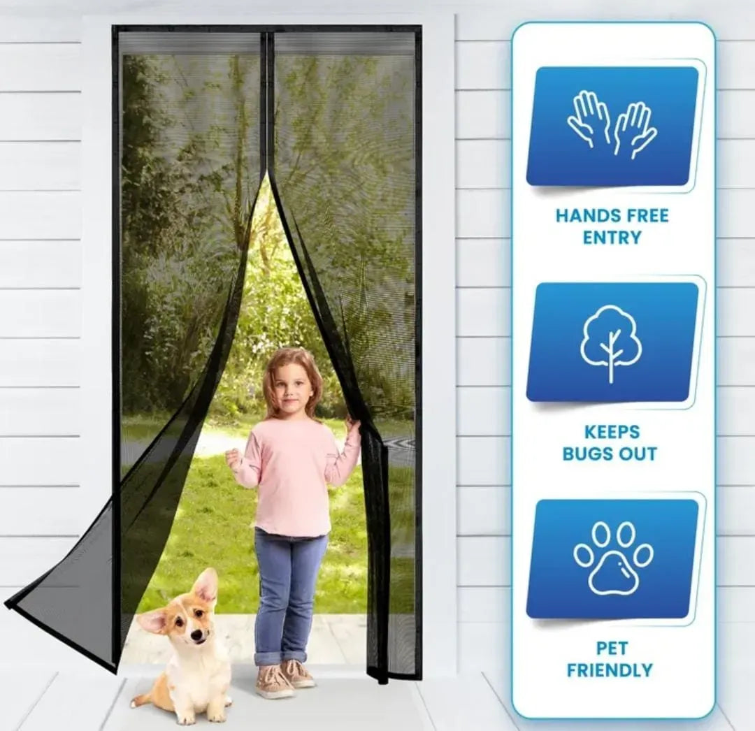 Magnetic screen door with a child and dog on a white background