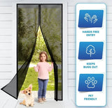 Magnetic screen door with a child and dog on a white background