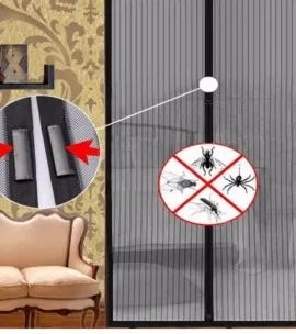 A gray mesh screen door insect barrier shown installed on a door, with a close-up inset of the mesh material and a circular icon showing bugs and spiders blocked. A beige armchair and patterned wallpaper are visible in the room setting.
