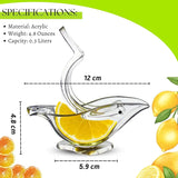Clear glass lemon squeezer with lemon slices and measurement details on a white background