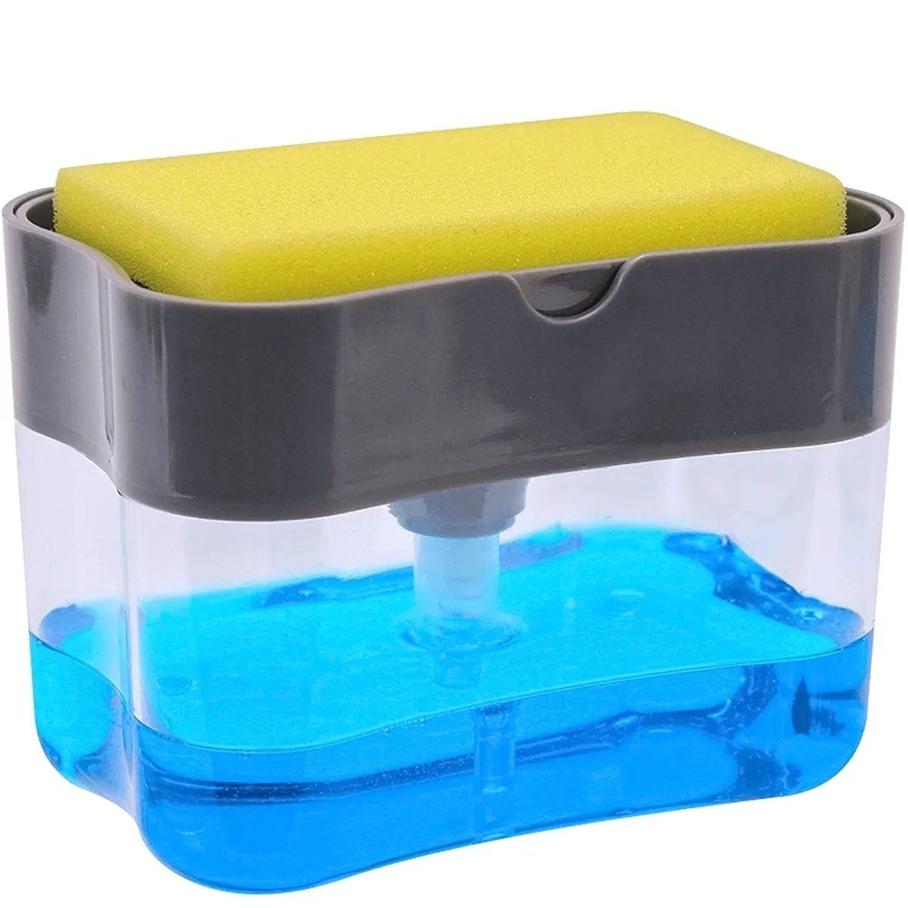 Cleaning tool with yellow sponge and blue liquid on a white background