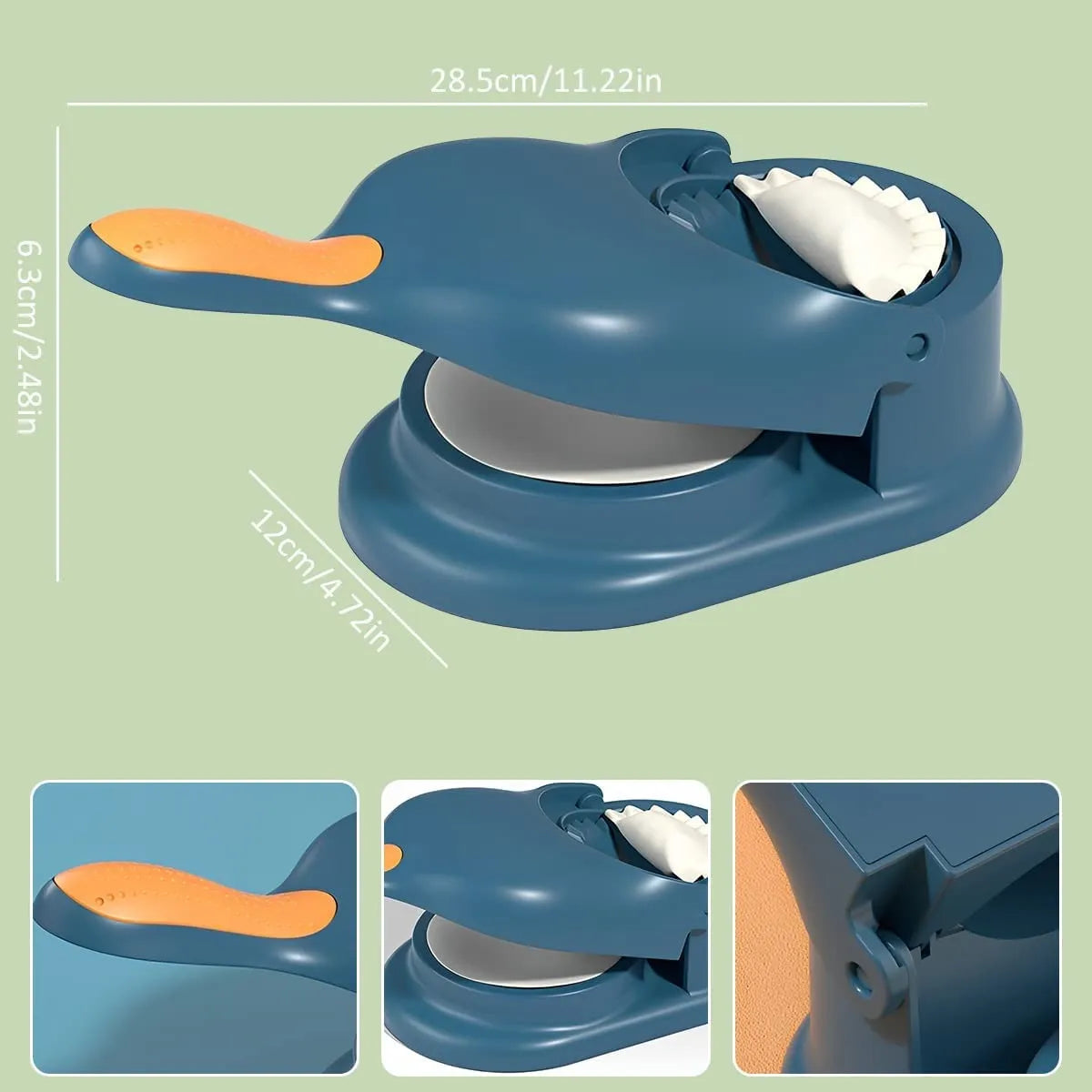 Blue kitchen tool with measurements on a green background