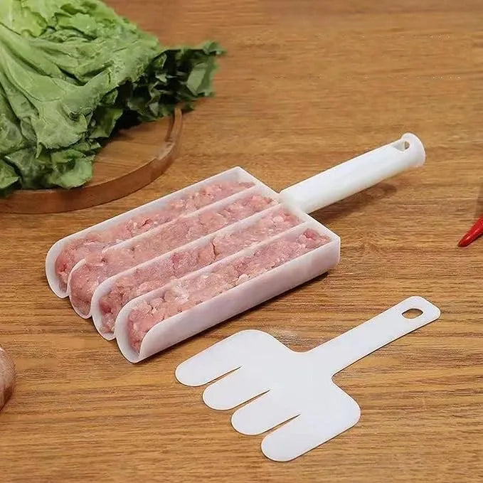 Meatloaf mold with handles on a wooden surface next to fresh greens