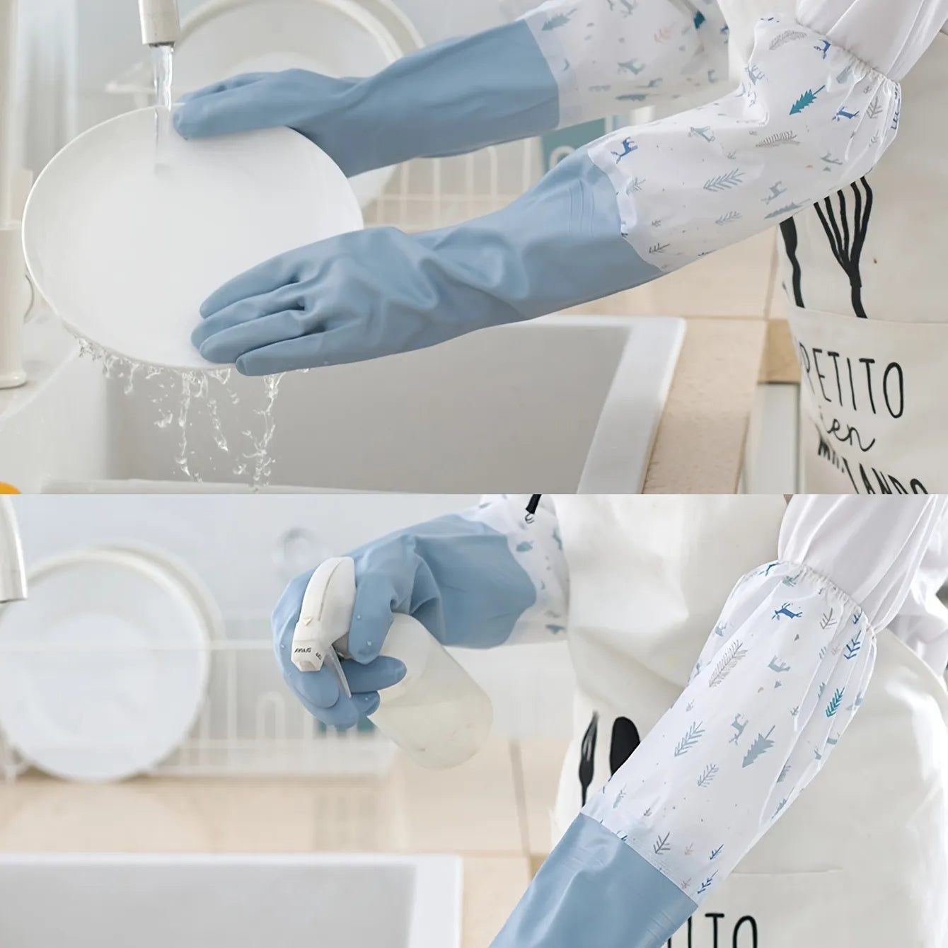Person wearing blue rubber gloves washing dishes with a focus on the gloves and cleaning action.