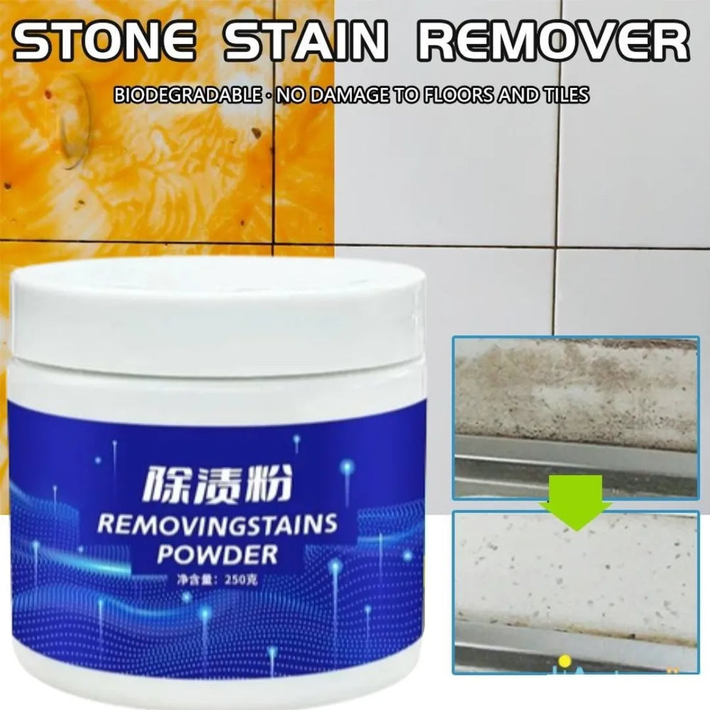 Container of removing stains powder with a tiled wall background