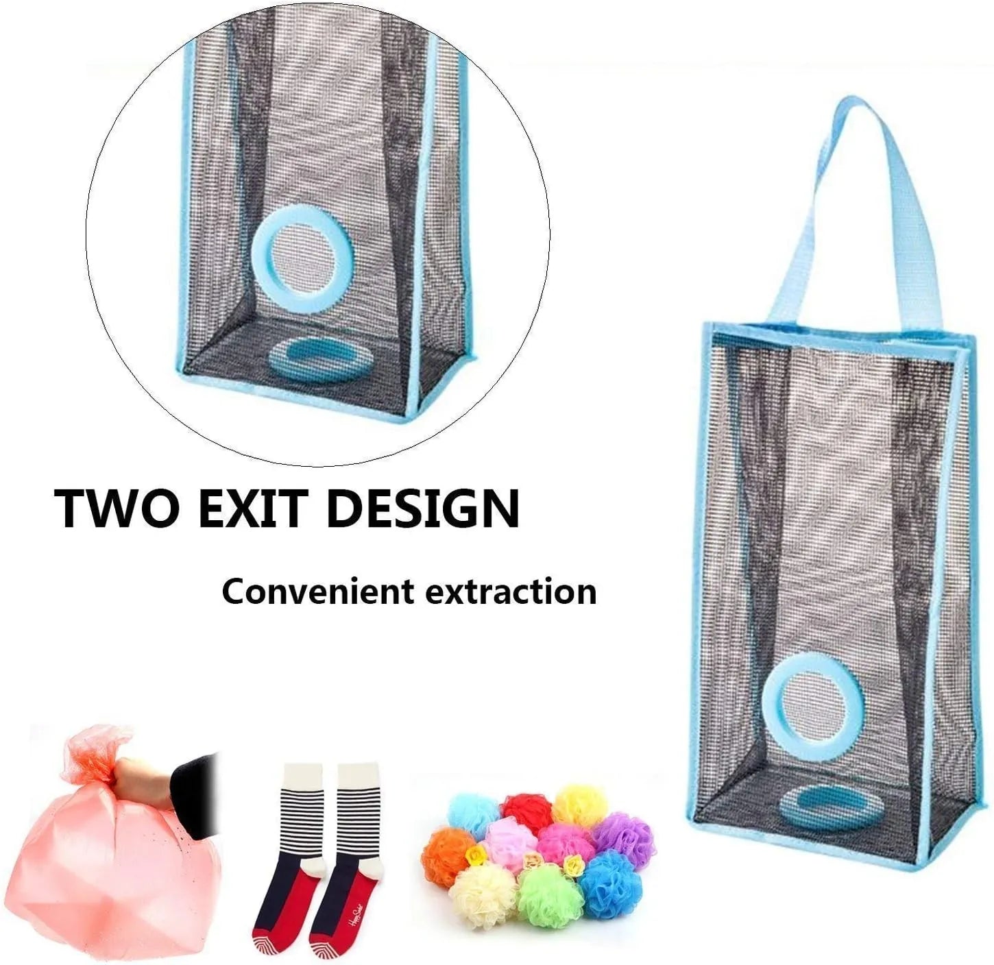 Mesh storage bag with two exit design for convenient extraction, featuring colorful pom-poms and socks.