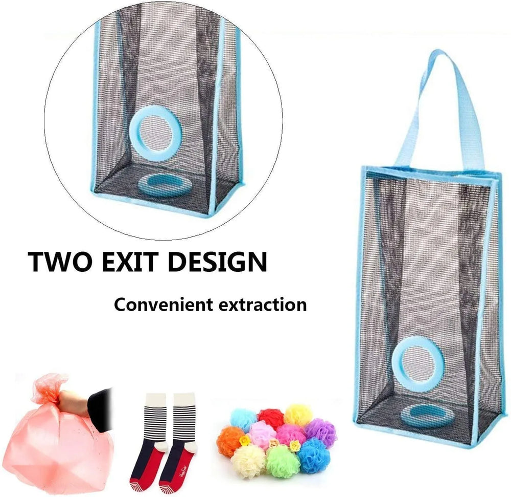 Mesh storage bag with two exit design for convenient extraction, featuring colorful pom-poms and socks.